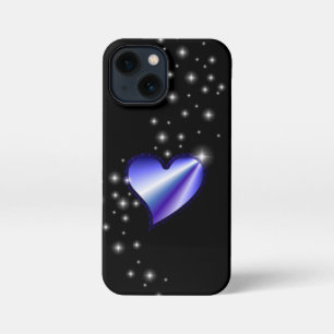 Etui iPhone 13 Mini Coeur arc-en-ciel violet avec étoiles sur noir
