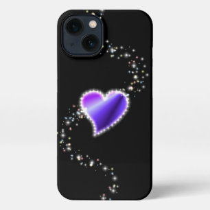 Etui iPhone 13 Coeur arc-en-ciel violet avec étoiles sur noir