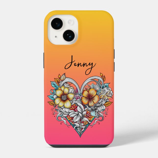 Coque iPhone Coeur floral personnalisé Romantique (Verso)