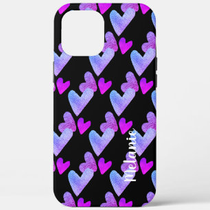 Coque iPhone 12 Pro Max Cœurs Aquarelle Violet Rose Monogramme Gras