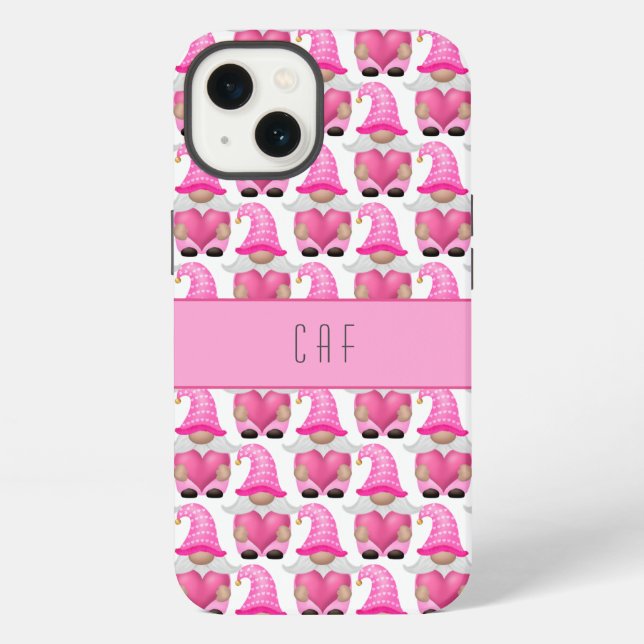 Coque iPhone Cœurs de gnomes roses monogramme bois mignon  (Verso)