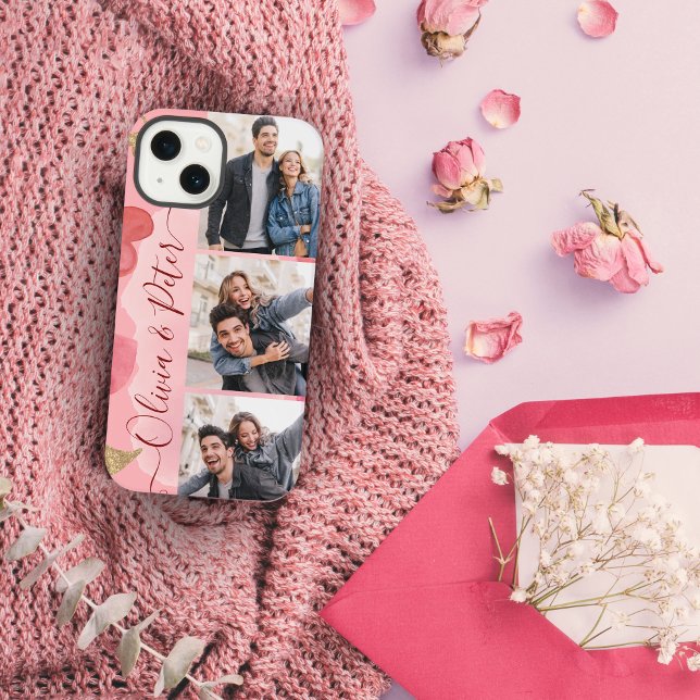 Coque iPhone Coeurs rose et rouge noms de couple 3 photos Amour (Créateur téléchargé)
