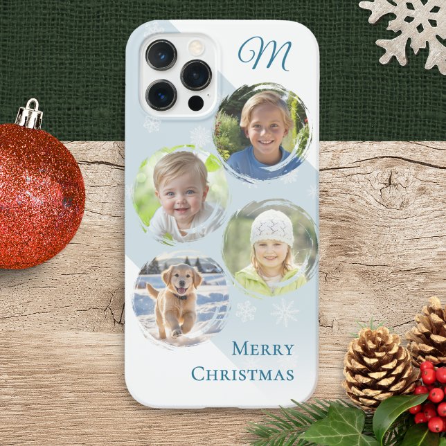 Coque iPhone Collage de photos de famille de Noël Monogrammé (A phone case with four personalized photos, custom monogram and 'Merry Christmas' greeting)