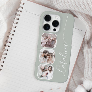 Coque iPhone 16 Pro Collage de photos personnalisé vert sauge