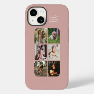Coque Pour iPhone 14 Collage photo de 6 Monogramme Or Rose