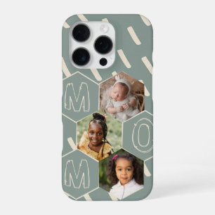 Coque iPhone 16 Pro Collage photo Maman en hexagone vert sauge