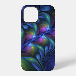 Coque iPhone 12 Pro Coloré Lumineux Abstrait Bleu rose Vert Fractal