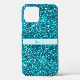 Coque iPhone 12 Conception de nom paillettes bleues girly chic