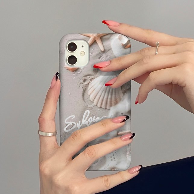 Coque iPhone Conception de sable de coquillages côtiers | Nom p (Créateur téléchargé)