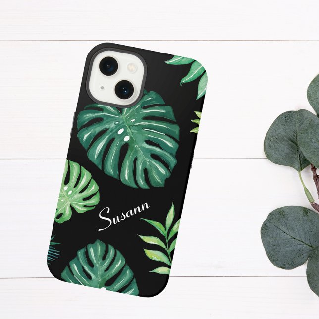 Coque iPhone Coque de téléphone à motif feuille tropicale noire (Créateur téléchargé)