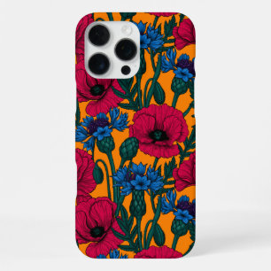 Coque iPhone 16 Pro Max Coquelicots rouges et bleuets sur fond orange