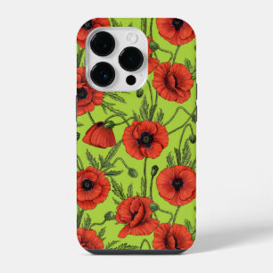 Coque Pour iPhone 14 Plus Coquelicots, rouges et verts sur fond vert citron