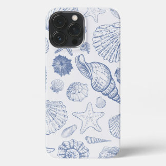 Etui iPhone 13 Pro Max Coquilles et créatures de l'océan bleu et blanc co