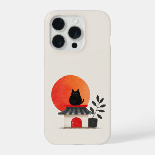 Coucher de soleil rétro japonais Chat noir sur un