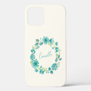 Coque iPhone 12 Couronne florale personnalisée vert aquatique