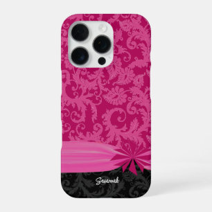 Coque iPhone 16 Pro Couverture iPhone personnalisée damassée rose et n