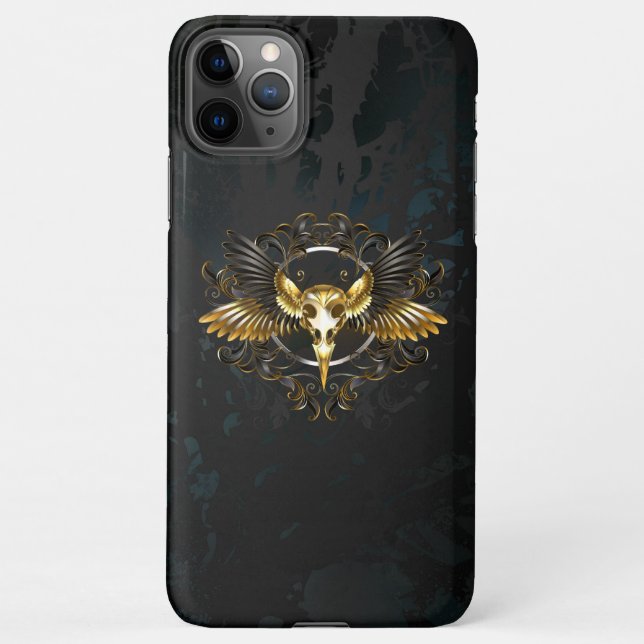Coque iPhone Crâne d'oiseaux dorés sur arrière - plan noir (Dos)