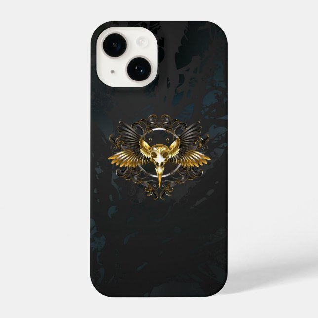 Coque iPhone Crâne d'oiseaux dorés sur arrière - plan noir (Verso)