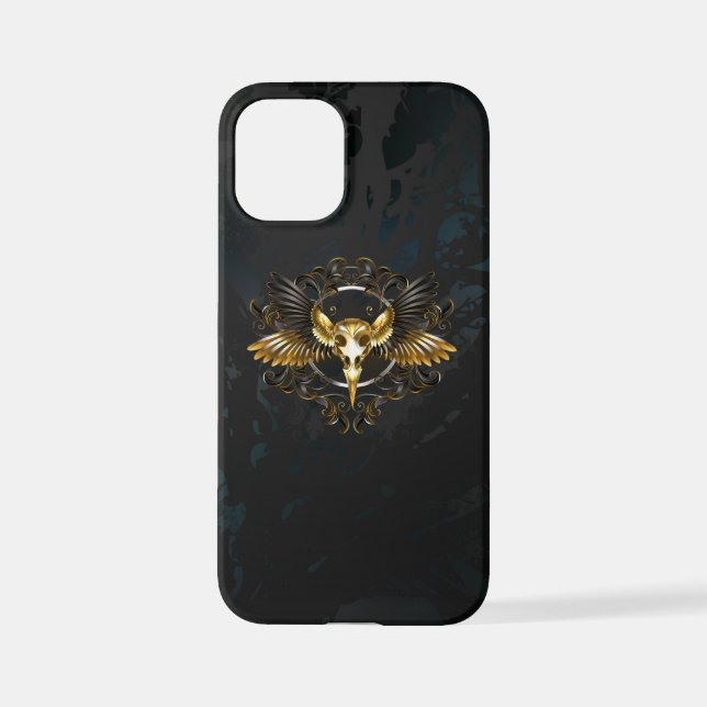 Coque iPhone Crâne d'oiseaux dorés sur arrière - plan noir (Verso)