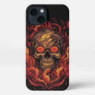 Etui iPhone 13 Crâne en feu, conception vintage, Crâne flamboyant