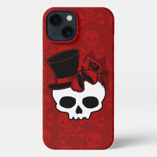 Etui iPhone 13 Crâne mignon avec chapeau Rose rouge Bow