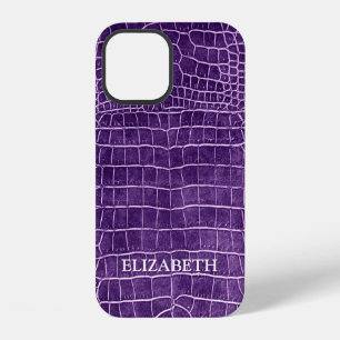 Coque iPhone 12 Crocodile Cuir Faux Violet Nom Personnalisé
