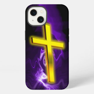 Etui iPhone 13 Croix chrétienne en or et pourpre