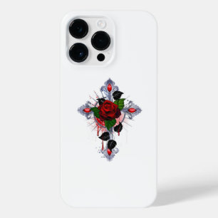 Coque Pour Pour iPhone 14 Pro Max Croix d'argent avec une rose rouge