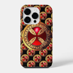 Coque Pour iPhone 14 Pro Croix Templière Antique Rubis Rouge Gemme