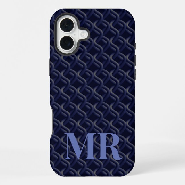 Coque iPhone Custom Initial Large Modern Blue Lattice Rubber (Verso)