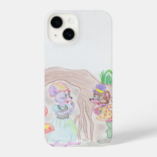 Coque Pour iPhone 14 Custom Kids Artwork, deux mignonnes souris, fleurs