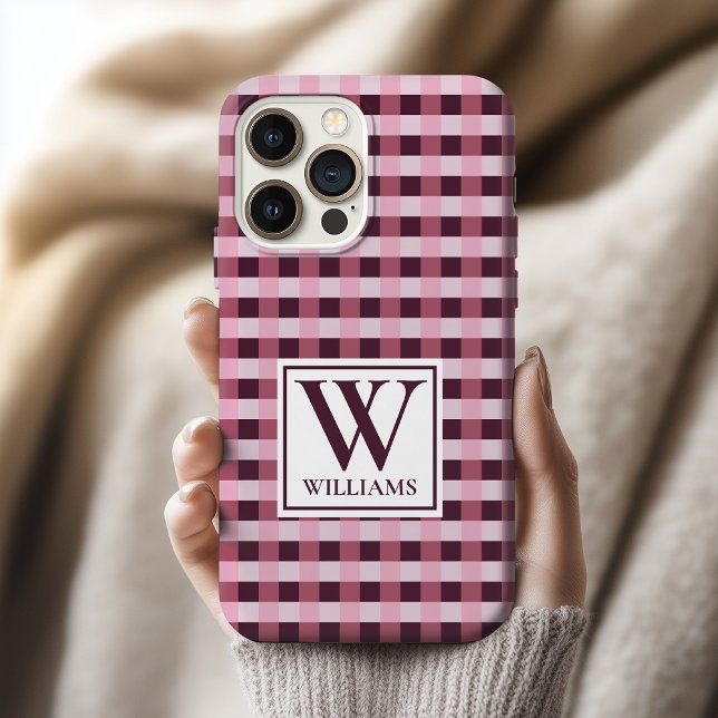 Coque iPhone Custom Pink Plaid Monogram Phone Case Gift for Her (Custom Gingham Check Phone Case with Family Name – Personalized Gift for Him, Her, and Friends)