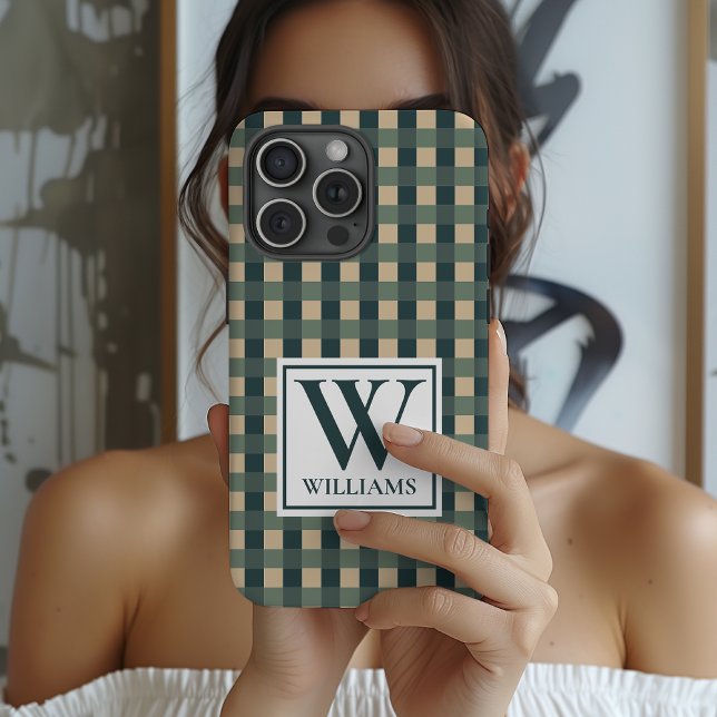 Coque iPhone Custom Plaid Monogram Phone Case Gift for Women (Green Checkered Pattern Personalized Phone Case for Women, Men, Coworkers or friends)