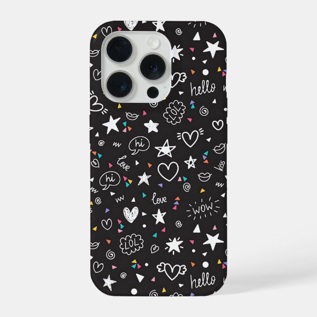 Coque iPhone Cute Black Doodle Pattern Phone Case with Hearts  (Verso)