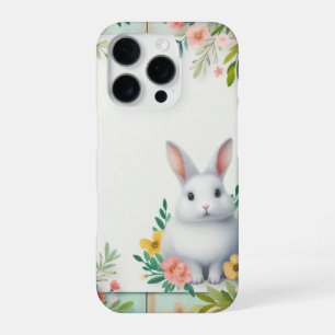 Coque iPhone 16 Pro Cute, floral heureux lapin de Pâques