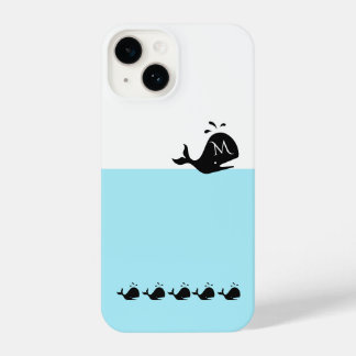 Coque Pour iPhone 14 Cute White and Blue Custom Initial Black Whale