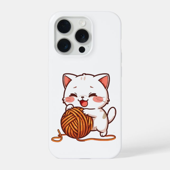 Coque iPhone Cute White Cat Playing with Woolen Ball Cover (Verso)