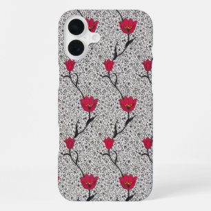 Coque iPhone 16 Plus Damas Art Nouveau Tulipe, Gris et Rouge