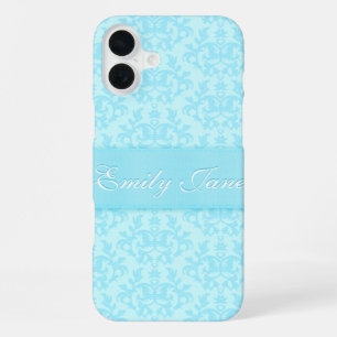 Coque iPhone 16 Plus Damas bleu clair nom personnalisé