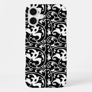 Coque iPhone 16 Plus Damas floral Ikat - Noir et Blanc