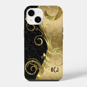 Coque Pour iPhone 14 Damas noirs élégants tourbillons dorés
