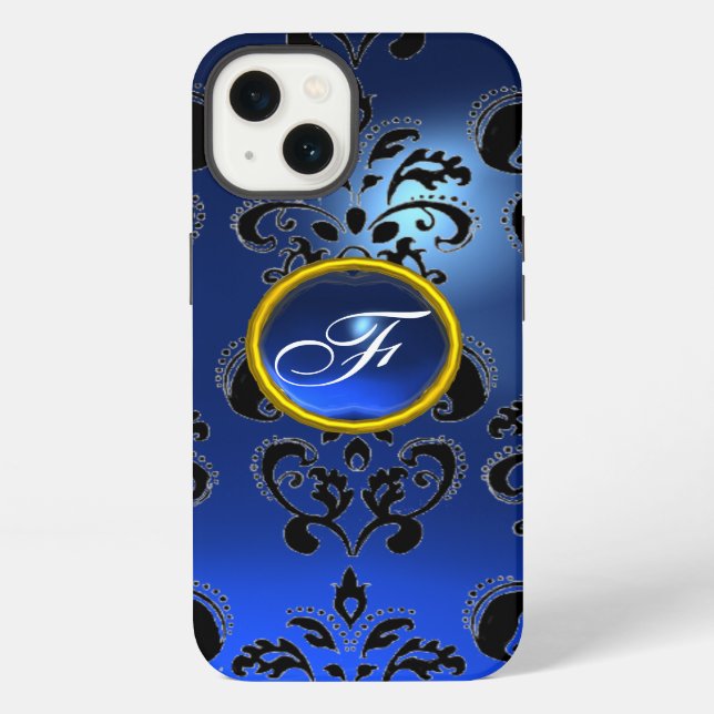 Coque iPhone DAMASK GEM MONOGRAM bleu foncé (Verso)