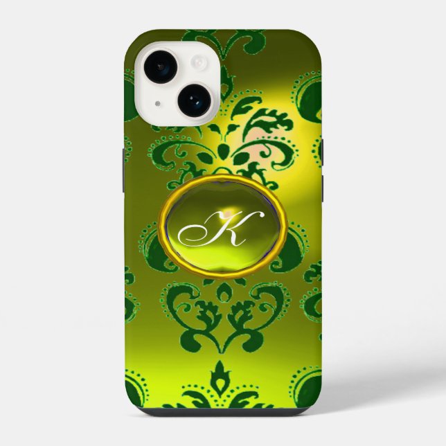 Coque iPhone DAMASK GEM MONOGRAM jaune vert (Verso)