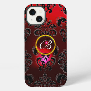 Etui iPhone 13 DAMASK GEM MONOGRAM Rouge Bourgogne Noir