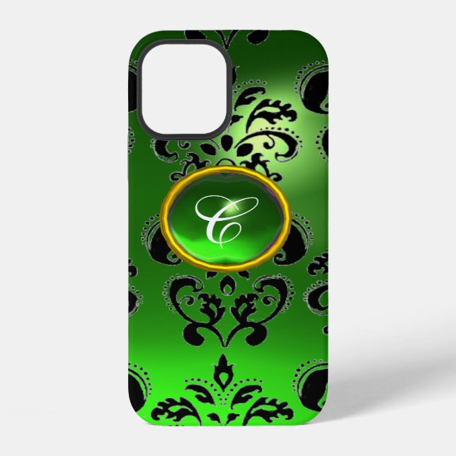 Coque iPhone DAMASK GEM MONOGRAM vert (Verso)