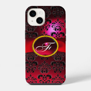 Coque Pour iPhone 14 DAMASK RUBAN MONOGRAMME fille bordeaux rouge