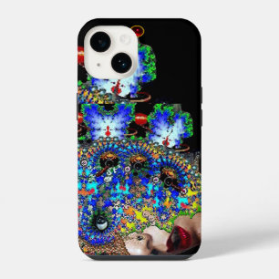 Coque Pour iPhone 14 DAME ÉPHÉMÈRE avec masque fractal noir bleu
