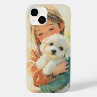 Coque iphone d'aquarelle douce fille et chiot