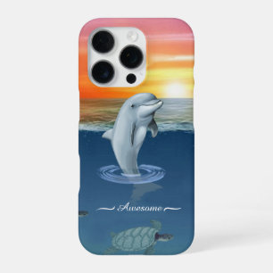 Coque iPhone 16 Pro Dauphin Moderne Chic, Tortues & Écriture sur l'Océ