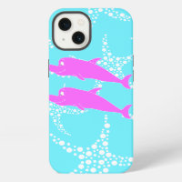 Dauphins roses sur motif bleu turquoise